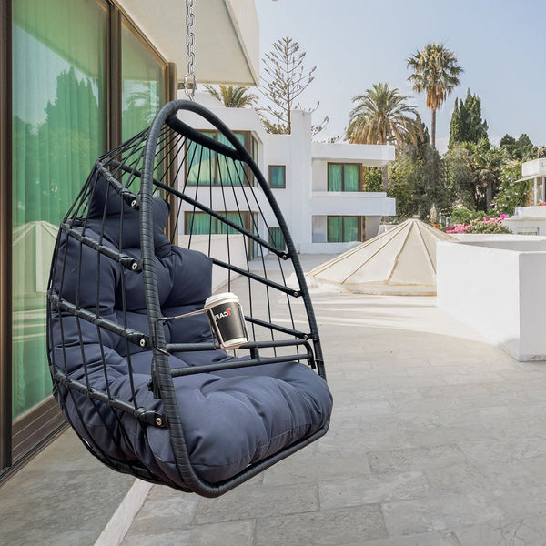 English Elm Swing Hammock Egg Chair with Wood-Grain Alloy Frame, UV-Resistant Rattan, Foldable 350lb Capacity Black W2707P184373