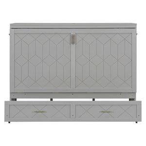 English Elm Queen Murphy Wall Bed Cabinet with Storage Drawer Built-in Power Outlets Usb Ports Gray LP000400AAE-1