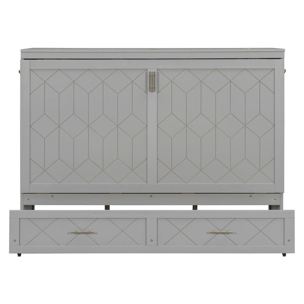 English Elm Queen Murphy Wall Bed Cabinet with Storage Drawer Built-in Power Outlets Usb Ports Gray LP000400AAE-1