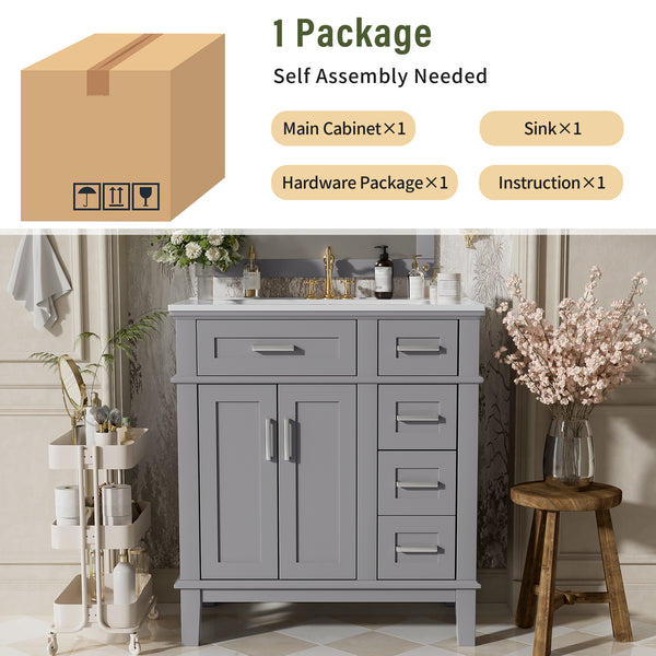 English Elm 30" Freestanding Bathroom Vanity Ceramic Sink Soft Close Cabinet Gray Wood Frame Grey N729P427118E