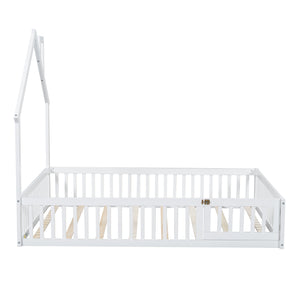 English Elm Wood House Platform Bed Full Size with Guardrail & Playful Frame, Sturdy Pine, Kid-Safe Design White N709P171852K