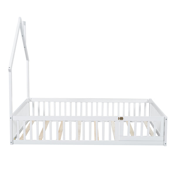 English Elm Wood House Platform Bed Full Size with Guardrail & Playful Frame, Sturdy Pine, Kid-Safe Design White N709P171852K