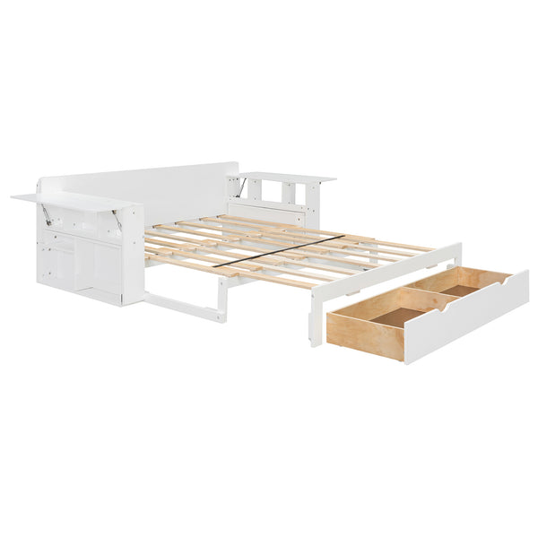 English Elm Full Size Daybed with Hydraulic Desk Armrests Storage Drawer and Sofa Seating White LT000271AAK