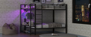 English Elm Full Size Metal Bunk Bed With Led Lighting, Storage Shelves & Hooks - Stylish Space Saver For Teens N7090000667B