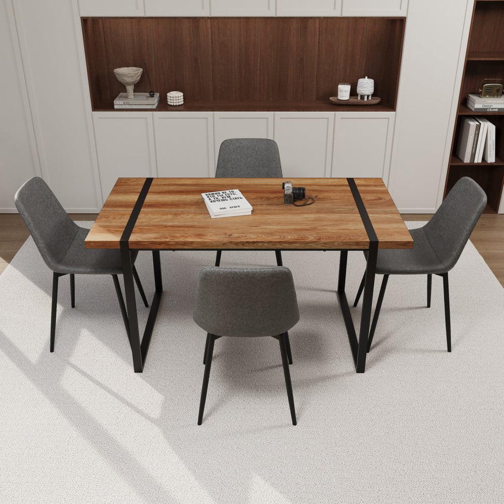 English Elm 59" Industrial Dining Set with Suede Chairs Matte Metal Base Mdf Table Seats Four Brown Grey W2189S00933