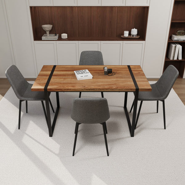 English Elm 59" Industrial Dining Set with Suede Chairs Matte Metal Base Mdf Table Seats Four Brown Grey W2189S00933