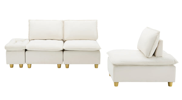 English Elm 104-inch pumpkin flannel three-seater sofa with storage cabinet, cup holders, adjustable backrest, comfy modern design Beige W1658S00096