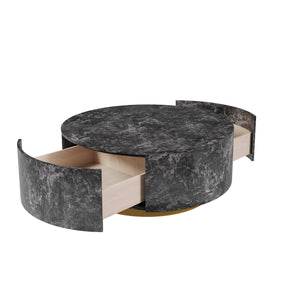 English Elm Tavola Round Coffee Table with Marble Pattern Top and Metal Legs, Two Drawers for Stylish Storage Grey B341P321161