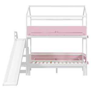 English Elm House-shaped Pine Bunk Bed with Built-in Slide Storage Staircase Twin Over Full Kids Frame White+Pink N820S00082K