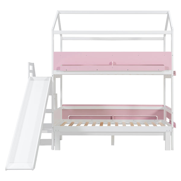 English Elm House-shaped Pine Bunk Bed with Built-in Slide Storage Staircase Twin Over Full Kids Frame White+Pink N820S00082K
