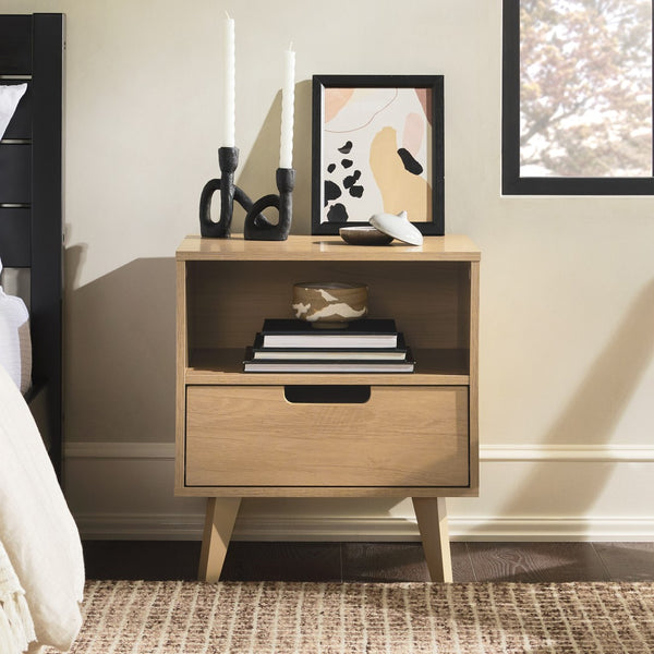 Hans Sleek Mid-Century Modern Nightstand with 1 Drawer and Open Cubby for Stylish Storage Solutions