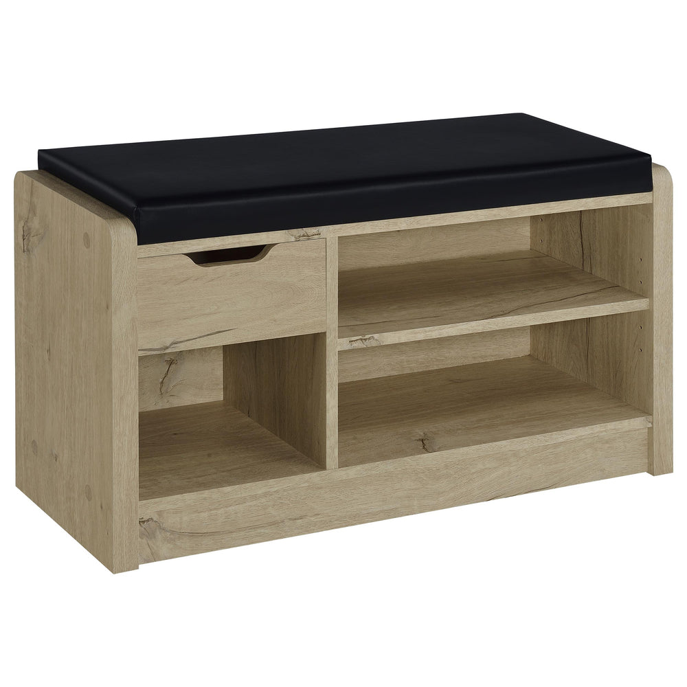 English Elm Astor Smoked Finish Entryway Bench with Drawer Open Shelving and Faux Leather Seat White Oak B062P440254