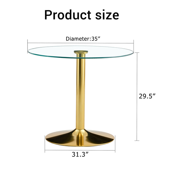 English Elm A Modern 35-Inch Tempered Glass Round Dining Table with Sleek Metal Legs, Minimalist Style for 4-6 }{@ Gold,Transparent W1151P263755