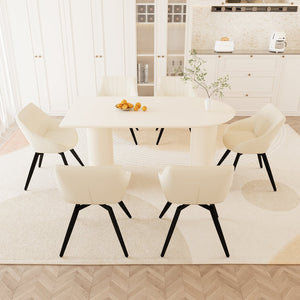 English Elm 63" Elegant Medieval Modern Cream Mdf Dining Table Set With 6 Beige Pu Chairs & Black Legs W2189S00762