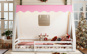 English Elm Twin Montessori Floor Bed Solid Pine Teepee Frame with Guardrails and Canopy Light White+Pink W1580P369467