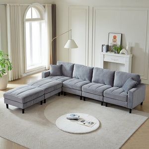 English Elm 122.5-Inch Oversized U-Shaped Modular Sofa Corduroy Sectional with Double Chaise, Ottoman, Pillows and Plastic Legs Grey W1193S00123