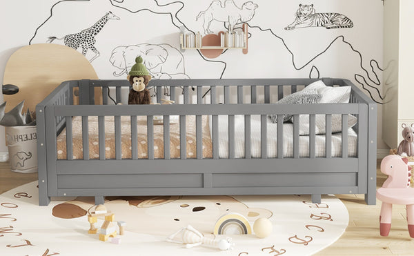 English Elm Twin Xl Convertible Platform Bed With Guardrails, Solid Wood Frame In Gray - Safe & Stylish Sleep Solution W1580S00242-GIGA