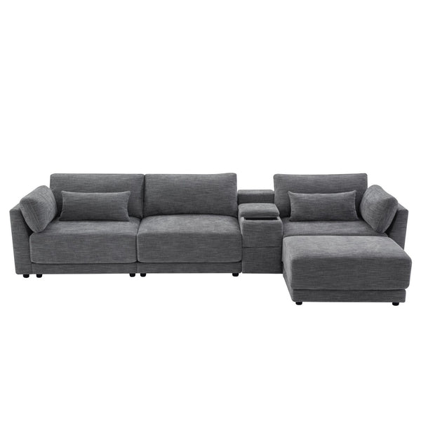 English Elm 124'' Modular Sectional Sofa: Reversible Chenille Couch With Storage, Ottoman & Usb Charger N723S9775E-GIGA