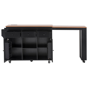 English Elm K&k Rolling Kitchen Island with Extendable Table Open Shelving and Built-in Power Outlet Black N707P360278B