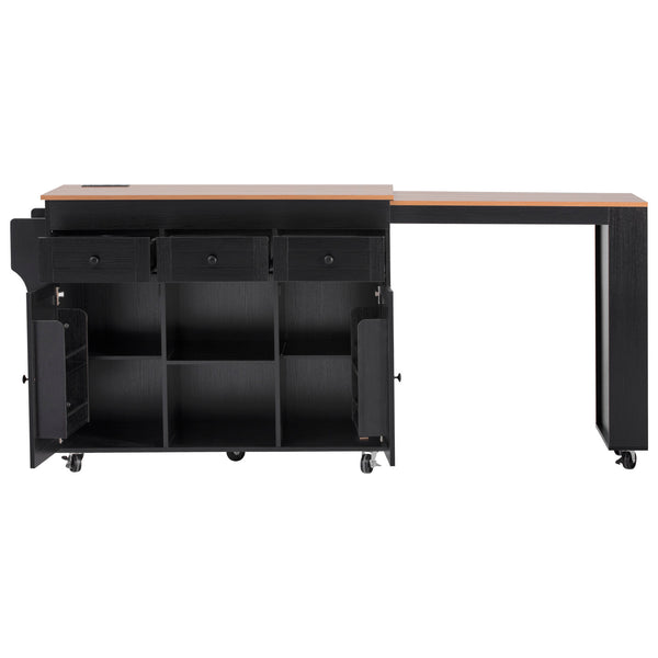 English Elm K&k Rolling Kitchen Island with Extendable Table Open Shelving and Built-in Power Outlet Black N707P360278B