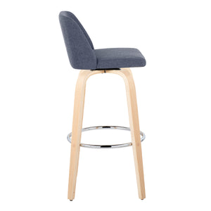 English Elm 30" Swivel Barstools Set of 2 Bentwood Legs Blue Upholstered Seat Chrome Footrest B202S00668