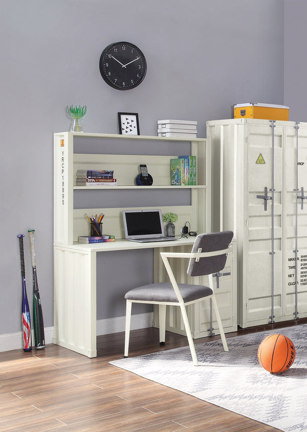 English Elm White 1-Door Writing Desk with Hutch — White iron integrated workspace with open shelf storage, 47" wide elegant organizer B062P215481