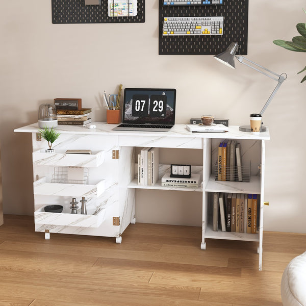English Elm 57.5" Foldable Craft Station Rolling Sewing Table with Cabinet Bins and Open Shelf W2700P391395