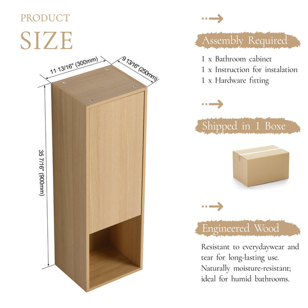 English Elm 12 Inch Oak Wall Mounted Bathroom Cabinet Soft Close Door Engineered Wood Storage W1972P457938