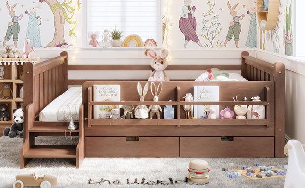 English Elm Queen Bunk Bed with Trundle Solid Pine Kids Car Themed Frame Built-in Bookshelf Natural W1580S00543