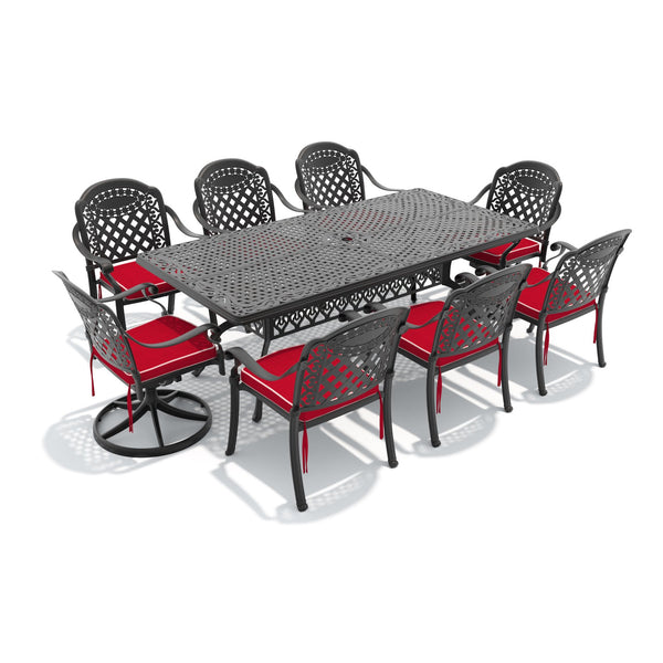 English Elm 9-piece Ornate Cast Aluminum Outdoor Dining Set Seats Eight with Swivel Chairs W1710S00386