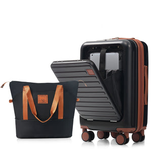 English Elm Front Opening Abs Hard Shell Carry on Set with Usb Port Cup Holder and Spinner Wheels Black+Brown N726P268998A