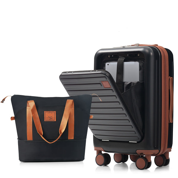 English Elm Front Opening Abs Hard Shell Carry on Set with Usb Port Cup Holder and Spinner Wheels Black+Brown N726P268998A