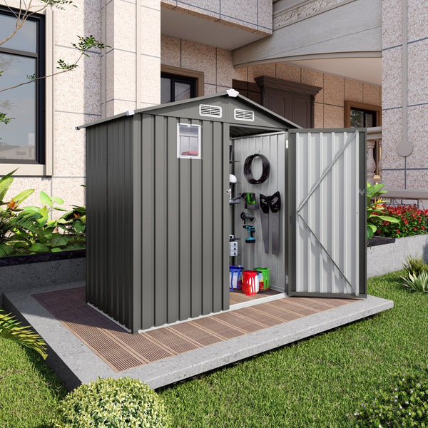 English Elm 6x Galvanized Steel Outdoor Storage Shed with Peaked Roof Skylight and Lockable Door W3213P309350