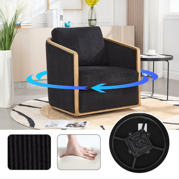 English Elm Corduroy Swivel Barrel Chair with Sturdy Wood Frame & Metal 360° Base, Plush Corduroy Comfort Pop Black W395P220274