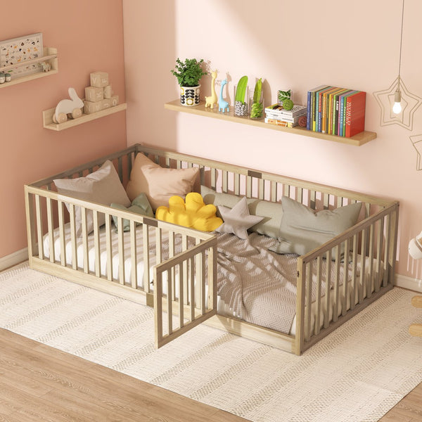 English Elm Twin Montessori Floor Bed Solid Rubber Wood with Safety Fence Rails Toddler Room W504P411198