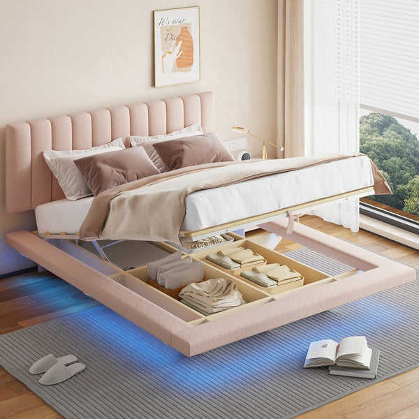 English Elm Queen Upholstered Floating Bed with LED Lighting, Hydraulic Lift, 4 Storage Drawers, Velvet Luxury Pink SF000132AAH