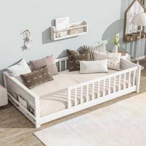 English Elm Twin Floor Platform Bed With Built-In Book Rack, Safe Low Profile Design For Cozy Kids' Rooms! W504P345765-GIGA