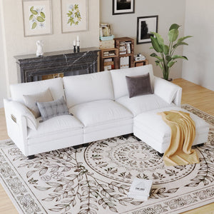 English Elm 107.8'' Large L-Shaped 3 Seater Sofa With Movable Ottoman & Storage Pockets For Modern Living Spaces W680S00044