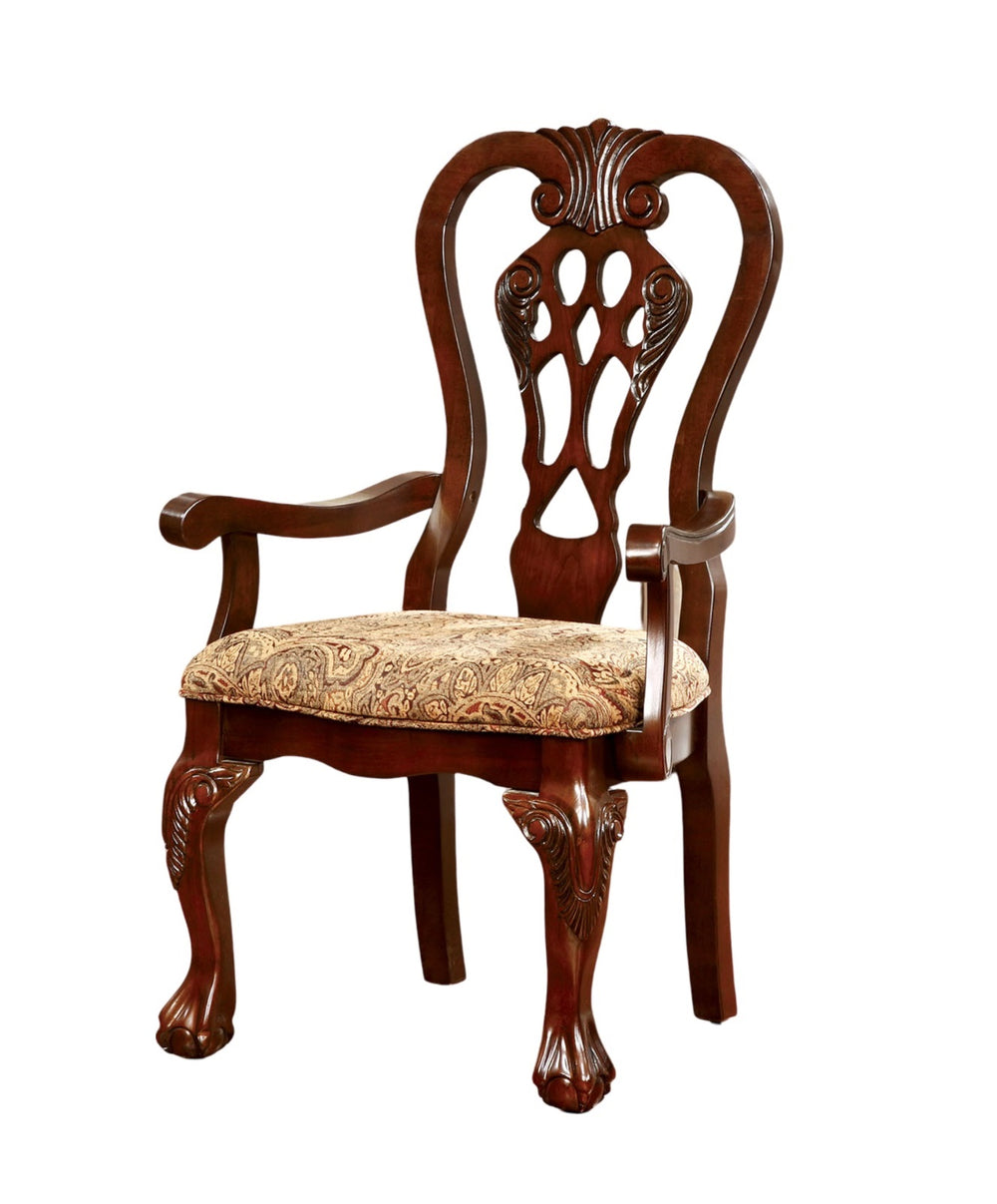English Elm Formal Classic Set of 2 Arm Chairs Cherry Brown Solid Wood Damask Fabric Padded Seats, Intricate Carved Backs, Ball & Claw Feet B011P248054