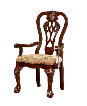 English Elm Formal Classic Set of 2 Arm Chairs Cherry Brown Solid Wood Damask Fabric Padded Seats, Intricate Carved Backs, Ball & Claw Feet B011P248054