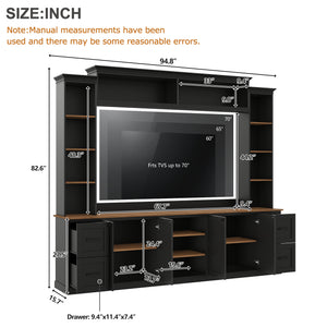 English Elm Unique Low Profile Media Console with Led Lighting Glass Shelves Fits Tvs to 105 Black N721S000077B