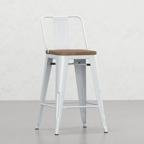 English Elm Keeley 24in Metal and Solid Elm Wood Counter Stools Set of 4 — Curved Backs, Footrests, Durable Finish White B2732P253613