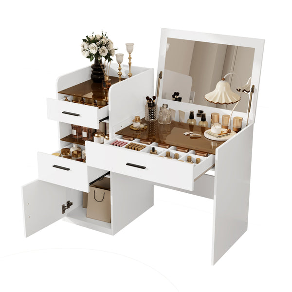 English Elm 3-in-1 Vanity Desk Flip Mirror Glass Top Hidden Storage Compact White Bedroom N704P391337K