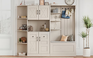English Elm Multifunctional Modular Hall Tree Cabinet with Open Shelves and Hooks for Entryway Beige W1580S00565