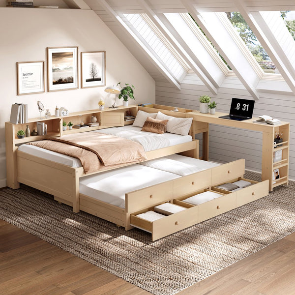 English Elm Twin Daybed Pine Frame with Trundle Desk Hutch Shelves and Storage for Kids Rooms Golden W1580S00460