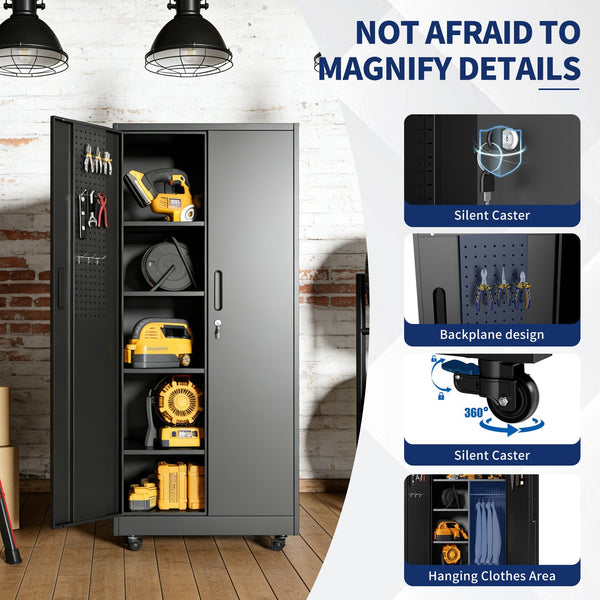 English Elm Metal Rolling Garage Cabinet with Pegboard Door Drawer Locking Storage and Adjustable Shelves T2398P465999