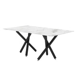 English Elm 1 Table and 8 Chairs. A Rectangular Dining Table With A White Imitation Marble Tabletop and Black Metal Legs. Paired With 8 Chairs, Equipped With Pu Leather Seat Cushions and Black Metal Legs. F-1538