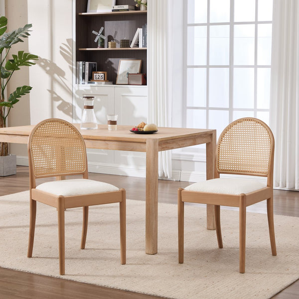 English Elm Rattan Backrest Dining Chairs Set of 2 Teddy Fabric Cushion Solid Wood Legs Kitchen Beige W3244P475485