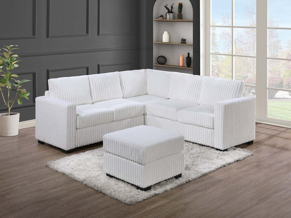 English Elm Beautiful 4-Piece Sectional Set with Ottoman — Plush Corduroy L-Shaped Sofa, Modern Low-Profile Design Milk White 39 L x 26 W x 53 H B011S01747