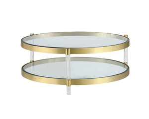 Sunpan YORK Coffee Table - Artisan Crafted with Antique Brass Finish and Dual Tempered Glass Shelves 104809